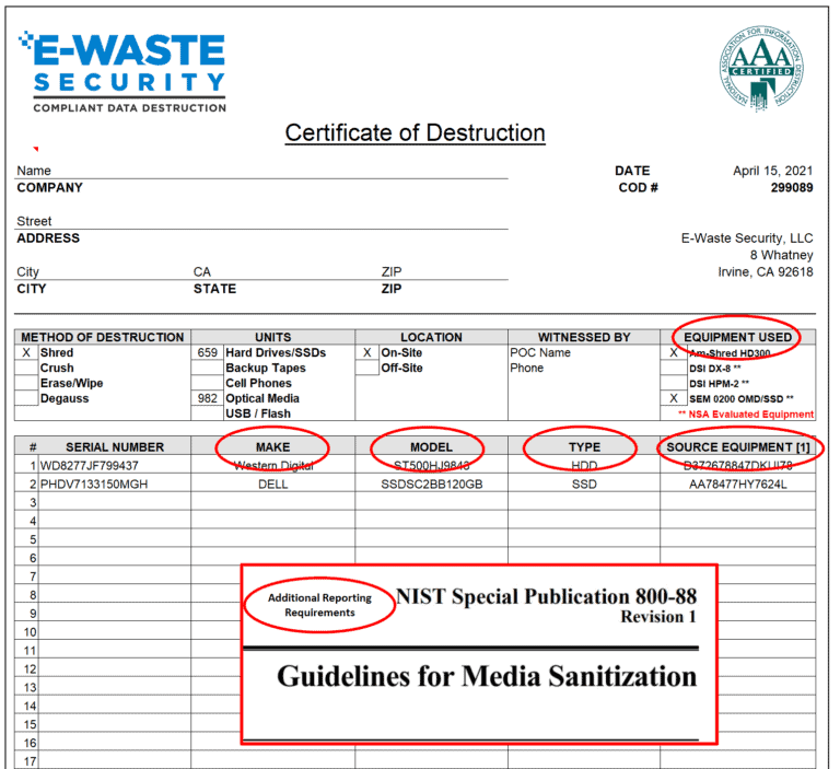 NIST 800 88 Certificate of Destruction E Waste Security